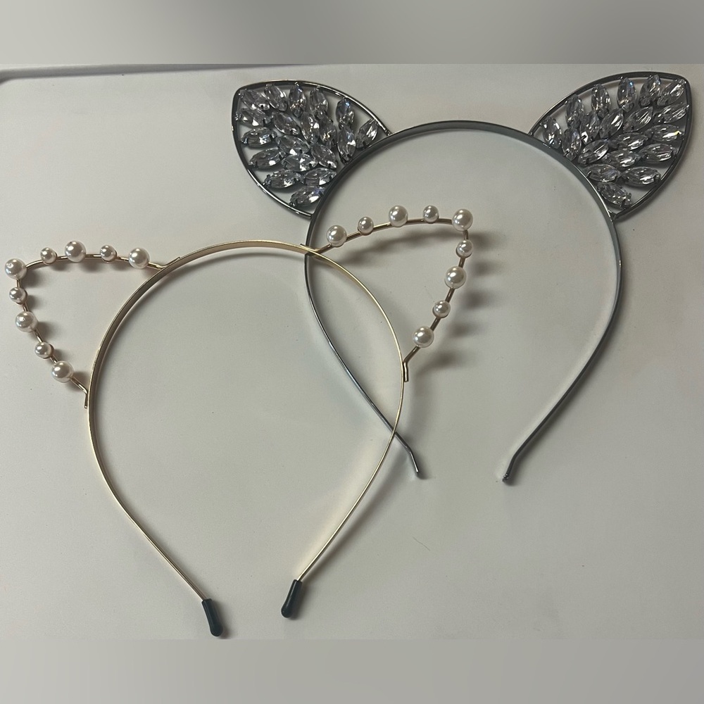 2 Cat Ear Headbands one with Pearls and one with Rhinestones